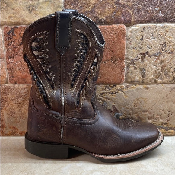 Ariat Kids Cowboy Boots Size 12 Brown Leather Western Aztec Stitch Square Toe - Picture 9 of 15